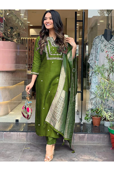 MYSMAR Green Slub Cotton Silk Embroidered Kurti Pant Set with Dupatta - FFT81...