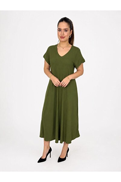 ELSEBUTİKTR Women's Plus Size Khaki V-Neck Relaxed Fit Summer Cotton Viscose ...