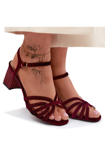D&A Sandale de damă din catifea cu toc bloc SR61-0102 Bordeaux 40
