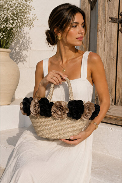 GUSTELLO Elara Black Beige Floral Straw Women's Bag Summer Handbag