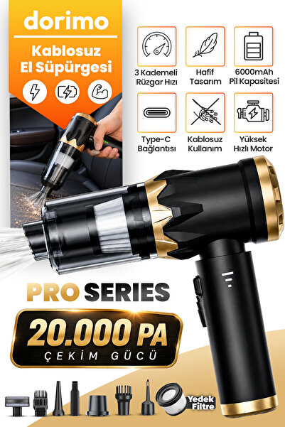 Dorimo Pro Kablosuz Araç ve El Süpürgesi 20000PA Güçlü Çekim Şarjlı Mini Vacu...