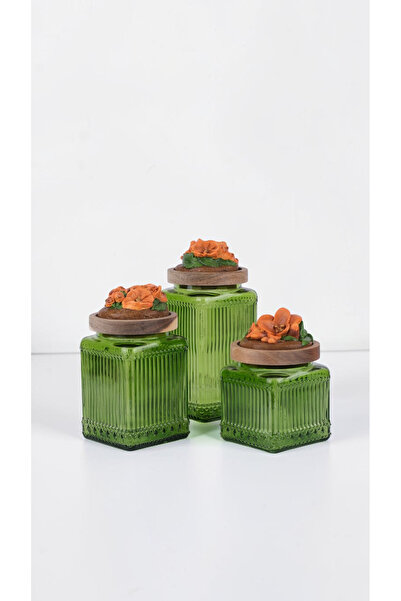 byUZUNOĞLU Vintage Country Decorative Glass Jar Set of 3 - Amber Flower Detai...