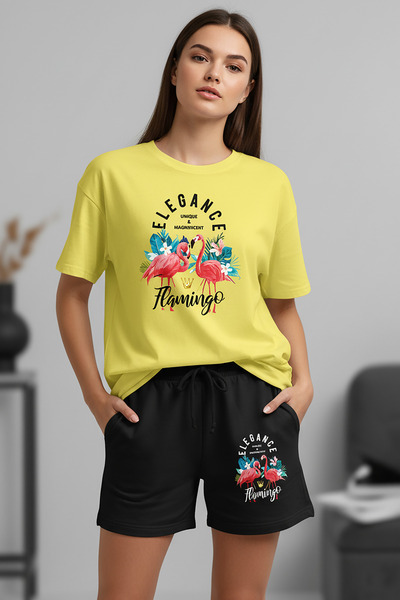 MODEX STYLE Women's Oversize Flamingo Printed 100% Cotton T-Shirt Shorts Set ...
