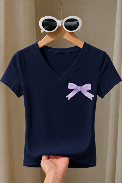 Velostra Women's Lilac Bow Printed Coquette Basic Daily Use V-Neck Slim Fit L...