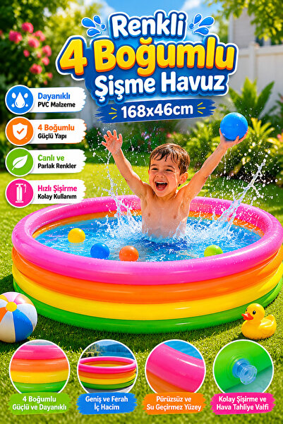craftivio Renkli 4 Boğumlu Şişme Çocuk Havuzu 168x46 cm Büyük Boy Bahçe Ve Ba...