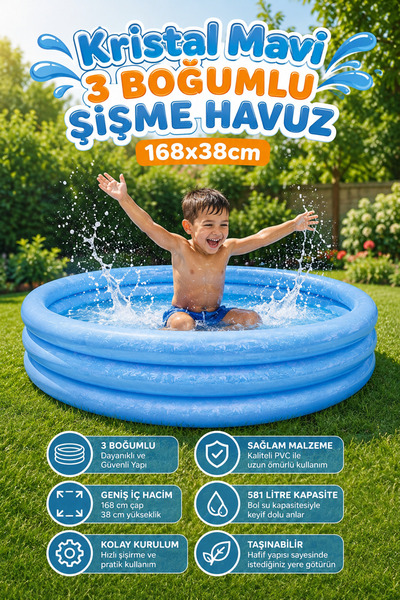 craftivio Kristal Mavi 3 Boğumlu Büyük Boy Çocuk Şişme Havuz 168x38 cm 581 Li...