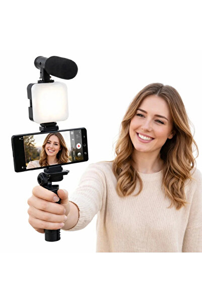 kozo-f Telefon İçin Video Çekim Seti LED Işıklı Mikrofonlu Tripodlu Vlog Canl...