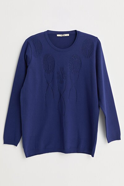 Nihan Plus Size Openwork Stone Embellished Sweater - Navy Blue