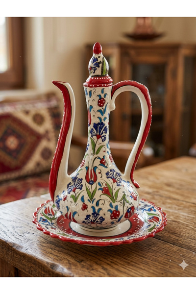 Empressco El İşlemeli Çini İbrik ve Tabaklı Set, 35 cm, Antik Tarz, Vazo Hediye