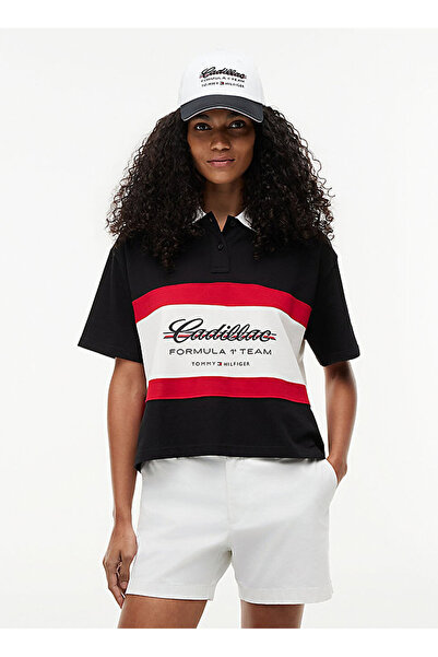 Tommy Hilfiger Siyah Kadın Standart Fit Desenli Polo T-Shirt TH X CF1 BOXY SC...