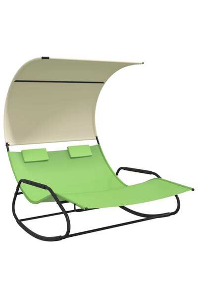 vidaxl Șezlong balansoar plajă dublu/baldachin,verde/crem, textilenă