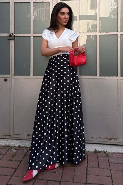 Seeh Black Polka Dot Maxi Women's Satin Skirt Sh385