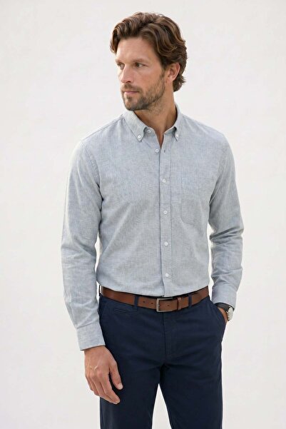Tudors Men's Regular Fit Classic Cut Cotton Linen Texture Button-Down Collar ...