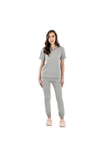 RUNI Costum medical stretch polo gri, cu bluza in V si pantaloni tip jogger, ...