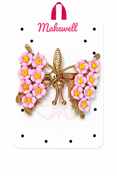 MakeWell Pink Flower Detailed Automatic Clasp Hair Clip – Gold Metal Large Si...