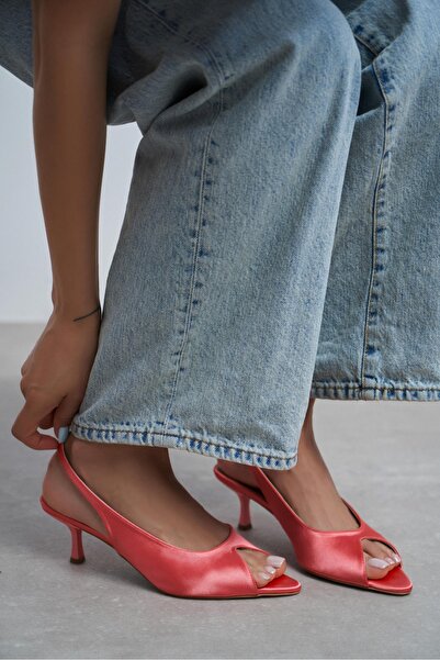 NİŞANTAŞI SHOES Salva Salmon Satin Pointed Toe Open Front Women's Heeled Shoes