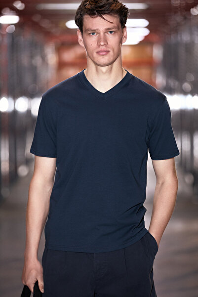 Almeri Men's 100% Cotton Soft Fabric V-Neck Navy Blue T-Shirt
