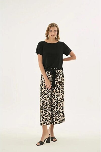 GİZZEY 21509 Black Leopard Half Sleeve Wide Leg Capri Pants Set