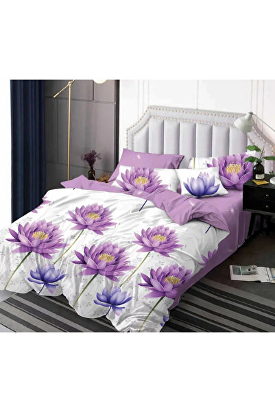 Sky Home Set de lenjerie de pat Finet 6 piese, Alb/Liliac cu Nufăruri -KY49