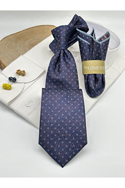 Gutiero Navy Blue Patterned Classic Tie with Handkerchief