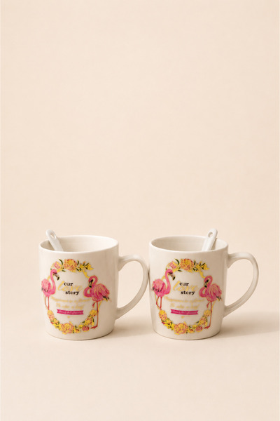 Mirilliahome Set of 2 350 ml Flamingo Patterned Porcelain Mugs with Spoon and...