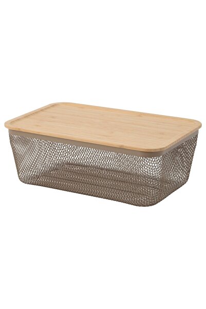 IKEA 365+ Food storage basket with lid, rectangular metal/light grey-brown ba...