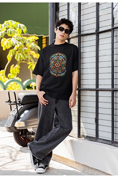 CEYMA DESIGN Oversize Mandala Tasarımlı Siyah Tişört