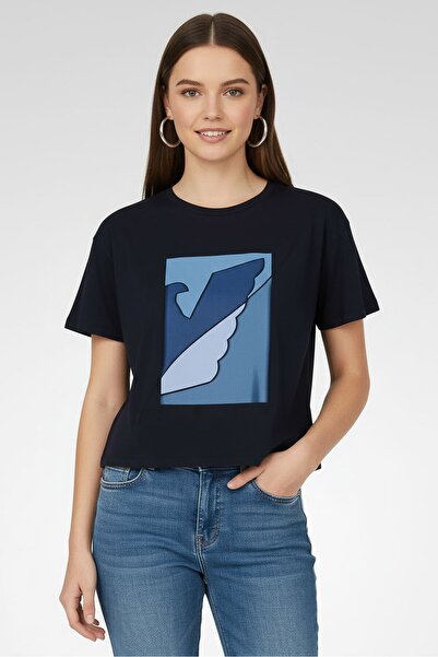 Armani Emporio Women Crew Neck Short Sleeve Graphic Print T-Shirt, Navy Blue
