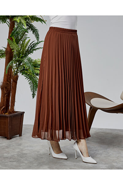 Modabenna Elastic Waist Lined Pleated Chiffon Skirt