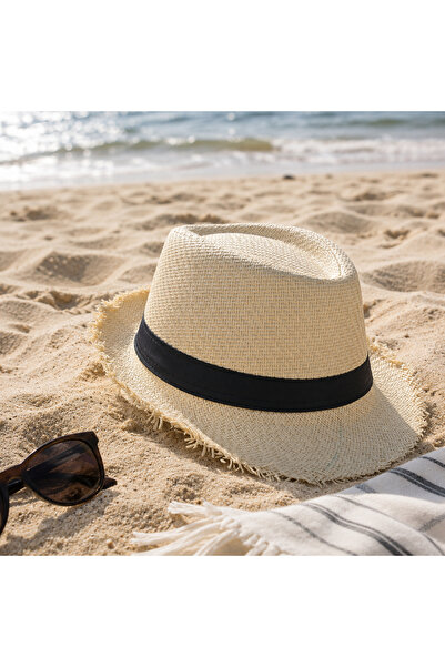 Clayre Beige fedora sun hat with fringed brim Ø 58 cm – Natur/Beige