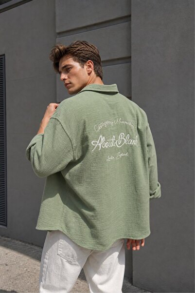 MATTİMODA Erkek Oversize Yeşil Müslin Kumaş Nakış Detaylı Gömlek