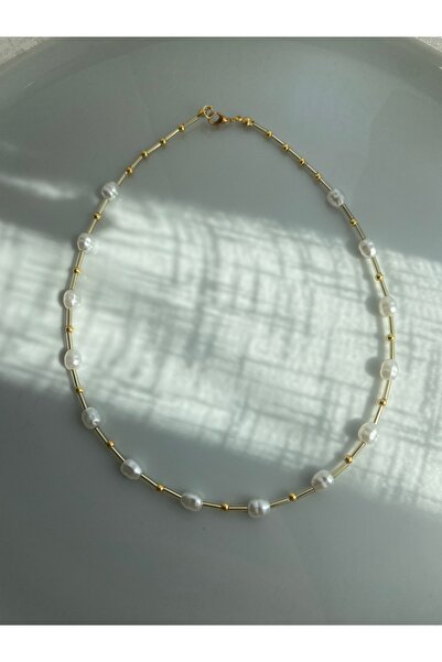 Anetta Jewelry Kadın altın renk inci sıralı choker tasarım kolye(40 cm)