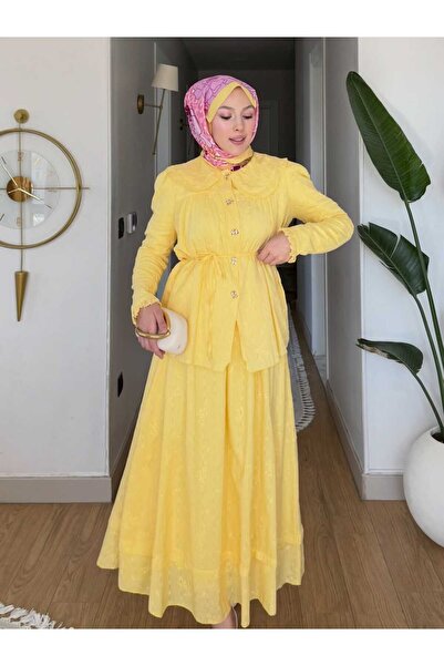 Mat Yellow Hijab Double Set with Skirt 20183Sr