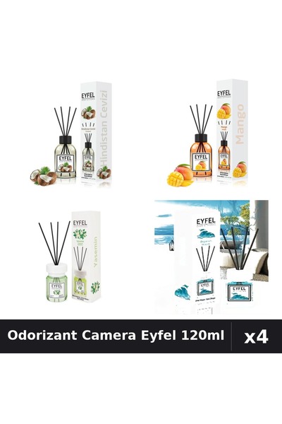 Eyfel Set 4 Odorizant Camera cu Betisoare 120ml - Nuca Cocos, Mango, Iasomie,...