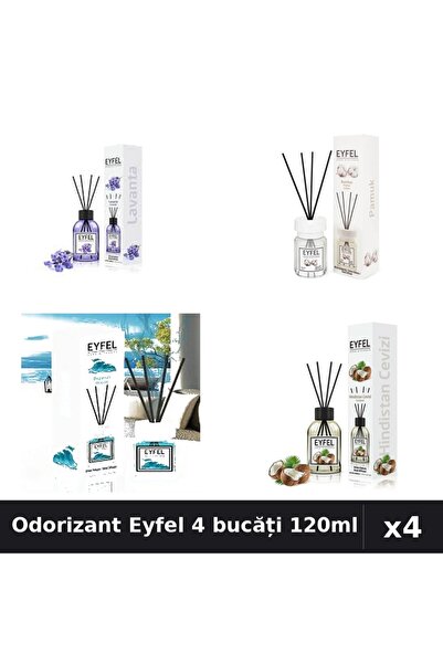 Eyfel Set 4 Odorizante Camera cu Betisoare 120ml - Lavanda, Bumbac, Ocean, Nu...