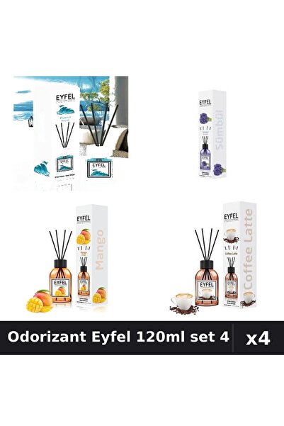 Eyfel Set 4 Odorizant Camera cu Betisoare 120ml - Ocean, Zambile, Mango, Cafea
