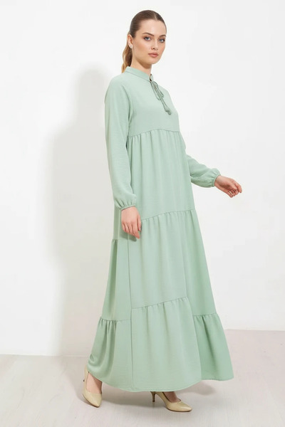 Efnaz style Women's Lace-Up Collar, Gathered Waist, Ruffled Viscose Green Hij...