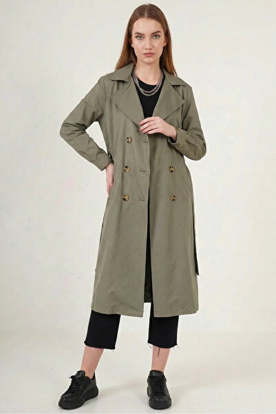 Şeker Portakalım Women's Double-Breasted Collared Belted Green Trench Coat