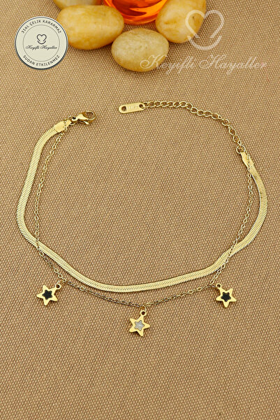 Keyifli Hayaller 316L Steel Anklet - Black and White Star 2-Chain Combination...