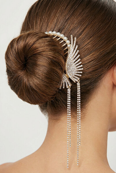 Runades Women's Pearl Detailed Angel Wing Figured Crystal Stone Dangle Hair Clip