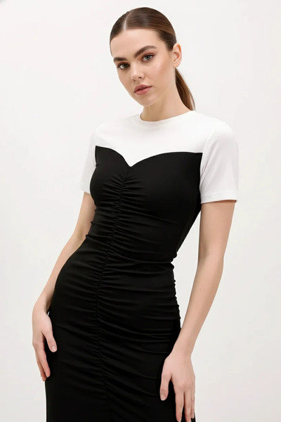 Efnaz style Women's Crew Neck Gathered Short Sleeve Black Dress