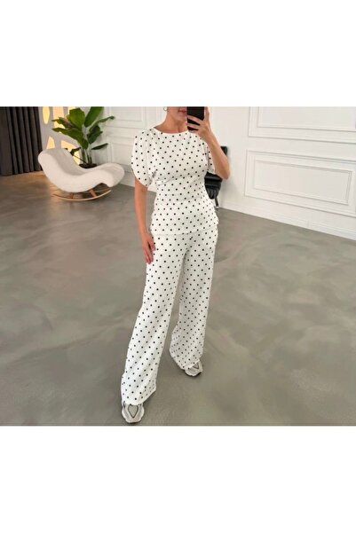 Klein Belden Oturtmalı Puantiyeli Bluz ve Pantolon Takım
