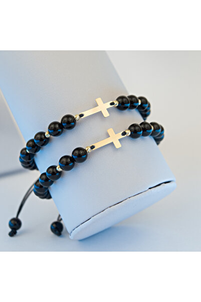 BLACK SWAN Bijoux Set bratari cuplu Aur, onix negre, bilute din aur 2.5 mm si...