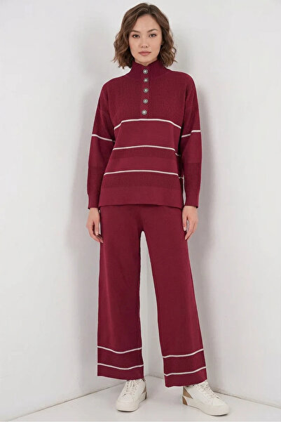 buğrahayalin Women's High Collar Oversize Striped Knitwear Burgundy Two-Piece...