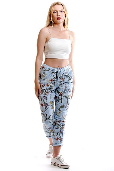 della moor Women's Light Blue Italian Floral Patterned Lycra Pants with Elast...