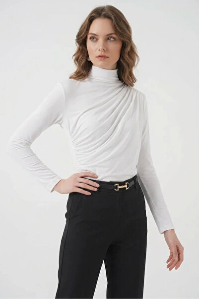 buğrahayalin Women's Turtleneck Gathered Detail White Blouse