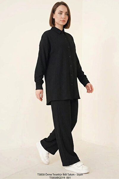 buğrahayalin Women's Shirt Collar Straight Cut Off-Shoulder Black Hijab Two-P...