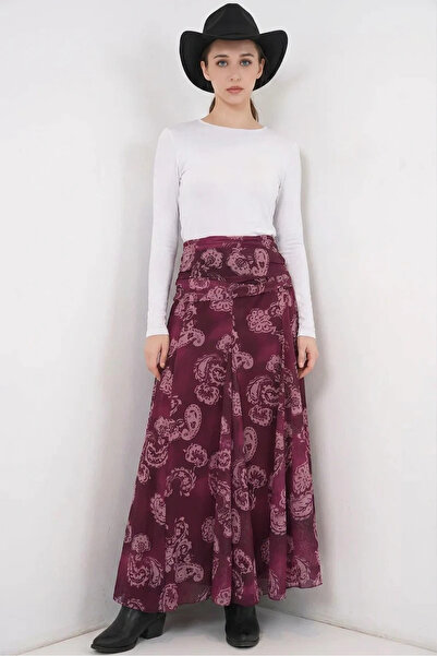buğrahayalin Women's Patterned Chiffon Burgundy Skirt