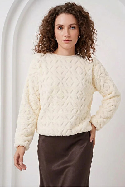 buğrahayalin Women's Round Neck Embossed Patterned Ecru Sweater