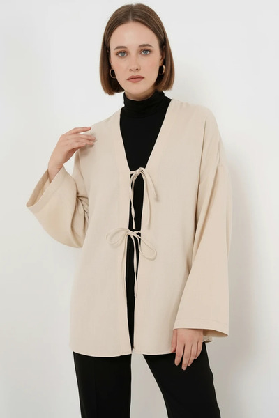 Efnaz style Women's Belted Viscose Cream Hijab Kimono